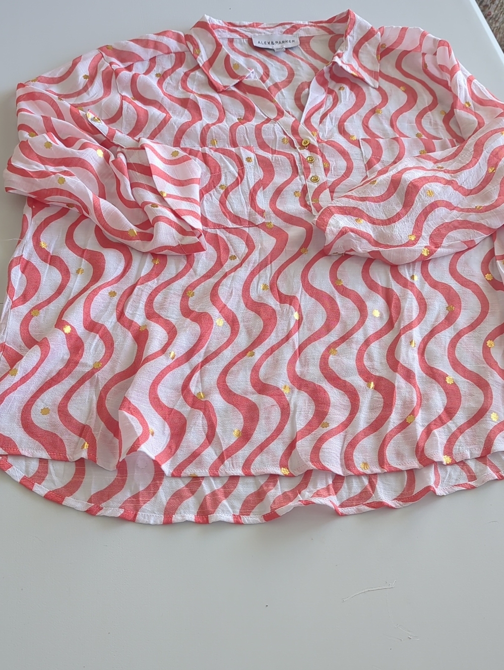 Alex & Parker Womens' Coral and White Wavy Stripe Button-Up Top with Gold Foil